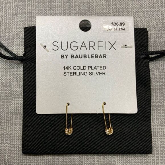 SUGARFIX by BaubleBar 14k Gold Plated Crystal and Gold Safety Pin Drop Earrings - Picture 2 of 5